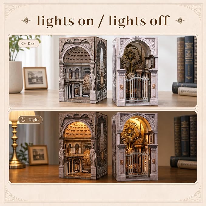 2 PCS DIY Wooden Dollhouse Kit, Architecture Miniature with LED Light Dust Cover, Easy Assembly Creative Craft for Adults Bookshelf Decor (St. Charles Church & Pantheon)