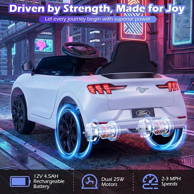 Costzon Ride on Car, 12V Licensed Ford Mach E Kids Electric Vehicle with Parent Control, LED Lights, Horn, Music, Wireless Connection & Spring Suspension, Kids Car Toy for Girls Boys (White)