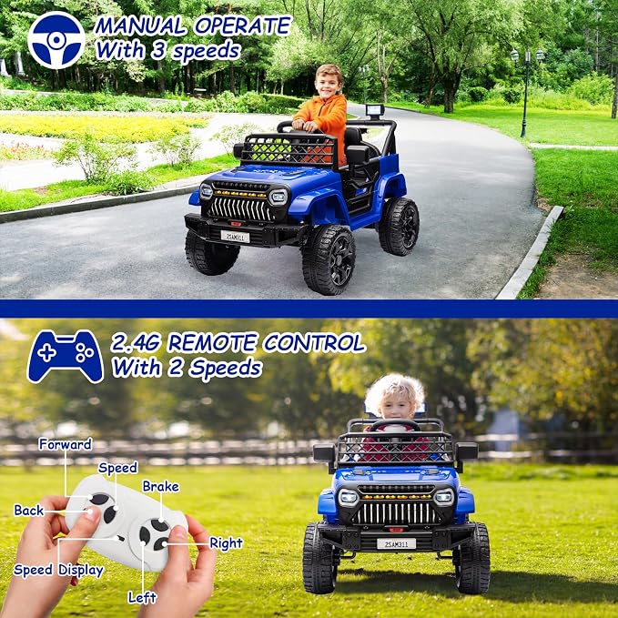 GarveeLife 12V Kids Ride On Truck Electric Vehicle Battery Powered Car Toddles Ride On Toy for Boys Girls with Remote Control, 4-Wheel Suspension, Battery Display, Led Lights, Music, Navy Blue