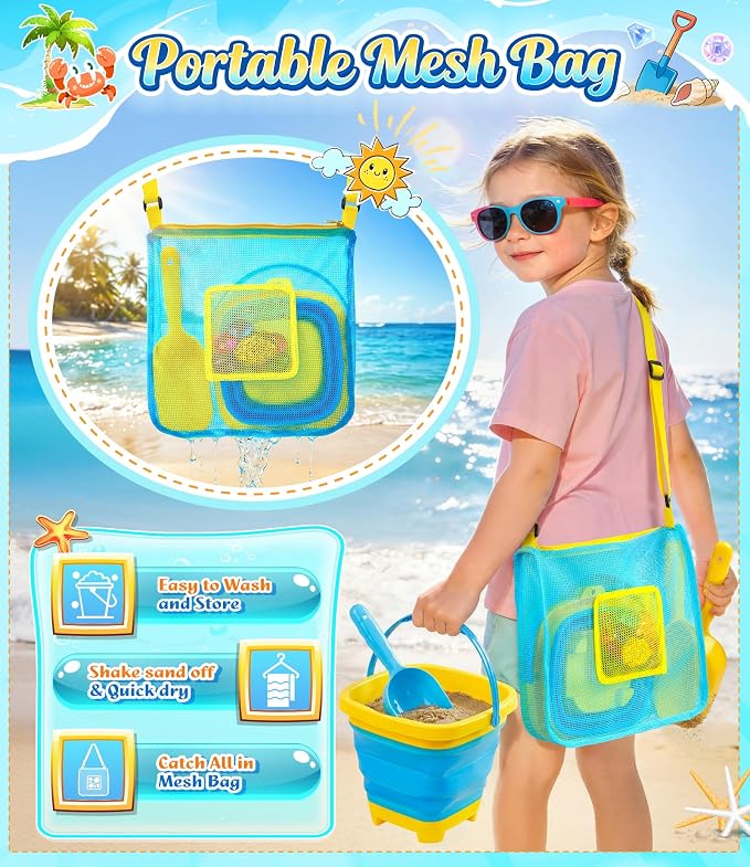 DISHIO Beach Toys for Kids, 24 Pcs Metal Sand Sifter & Collapsible Beach Buckets Set, Stainless Steel Sand Shovel, Sandcastle Building Kit with Mesh Bag, Travel Sand Toys for Toddlers Age 3-10