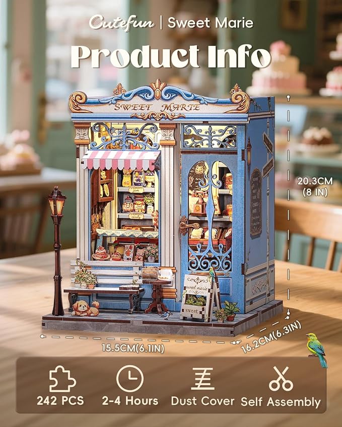 Cutefun Book Nook Kit - DIY Miniature Dollhouse Booknook Kit for Adults and Teens, 3D Wooden Puzzle Bookshelf Insert Decor with LED Light, Gifts for Book Lovers and Beginners (Sweet Marie)