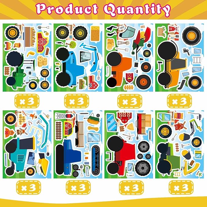 24 Sheets 8''×6'' Make Your Own Farm Tractor Stickers for Toddlers Kids Party Favors, Make a Face Sticker, Fall Autumn Stickers for Kids Farm Themed Birthday Party Favors Supplies Crafts (8 Designs)