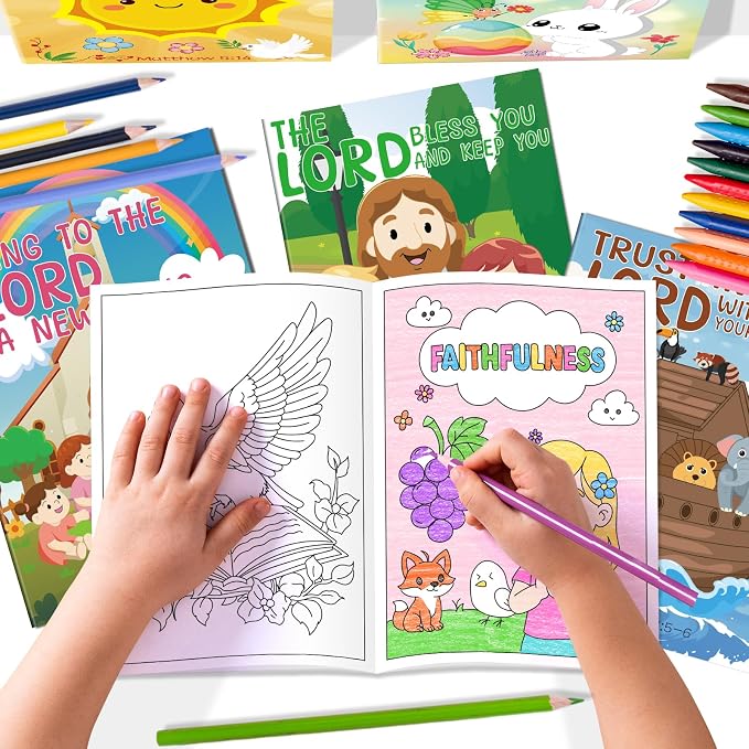 Kalysky 24Pcs Christian Bible Coloring Books for Kids, Mini Religious Jesus Stories Booklet Bulk,DIY Art Drawing Book Activity Supplies for Church Sunday School Classroom Rewards Party Favors