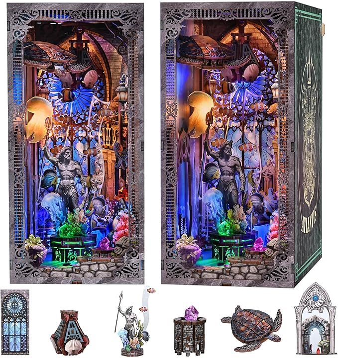 fifijoy Book Nook Kit - Atlantis DIY Miniature House Dollhouse Kit for Adults and Teens, 3D Wooden Puzzle Bookend Bookshelf Insert Decor with LED Light, Gifts for Family and Friends