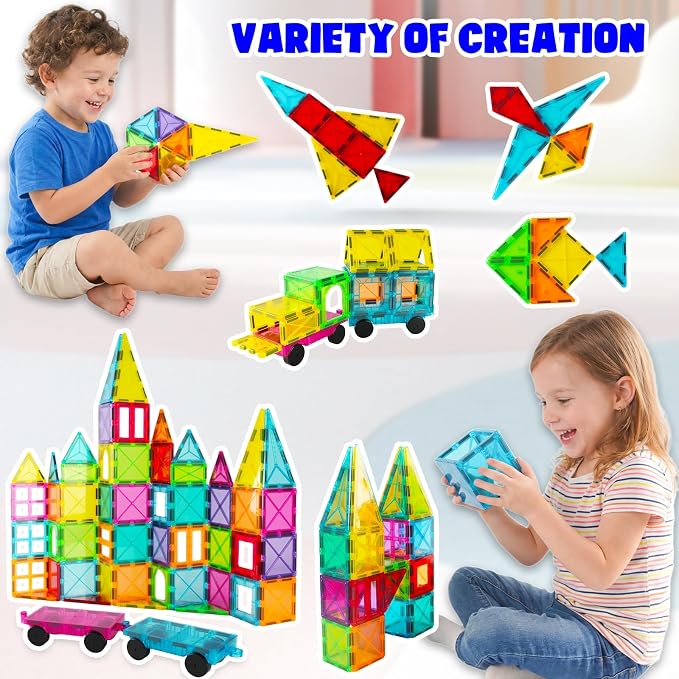 Bmag 100PCS Magnet Building Blocks with 2 Cars for Kids, Magnetic Tiles Stacking Building Set for Boys Girls, STEM Preschool Educational Learning Construction Toy