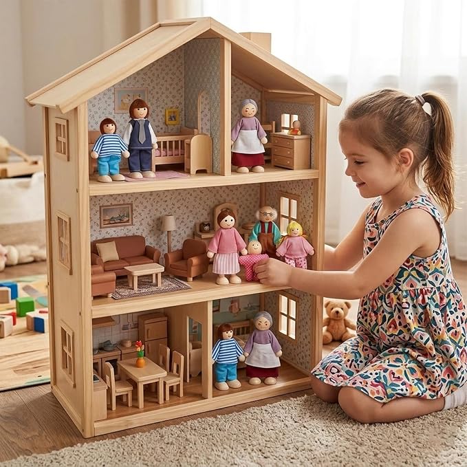 7PCS Wooden Dollhouse Dolls for Playing House Gifts for Children, Wood, Articulated Pretend Play Figures, Smooth Splinter-Free Wood, Montessori Family Set - 4.5In (Fashion)
