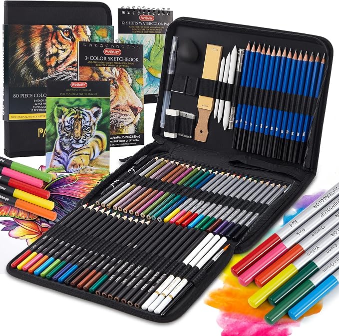 PANDAFLY 80 Drawing Set Sketching Kit, Art Supplies with 3-Color Sketchbook & Watercolor Paper, Include Tutorial, Colored, Graphite, Charcoal, Watercolor & Metallic Pencil, for Beginners & Pro Artists