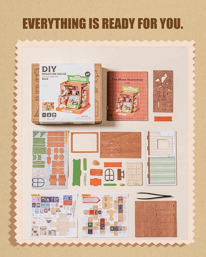 Robotime DIY Miniature House Kit for Adults, 1:28 Diorama Dollhouse with LED Lights, 3D Wooden Puzzles for Adults, Creative Crafts & Unique Gift for Craft Enthusiasts (The Muse Bookshop)