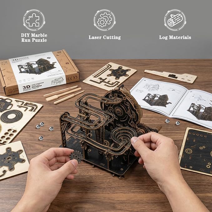 3D Wooden Puzzles for Adults, Mechanical Marble Run Model Kits to Build, DIY Wooden Puzzle with 6 Steel Marbles, Unique Birthday Gifts for Women Men