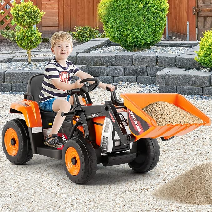 JOYLDIAS Ride On Excavator, 12V Electric Construction Vehicle Bulldozer/Tractor for Kids Digger with Remote Control, 3 Speeds, Bluetooth, Music, Lights, Orange