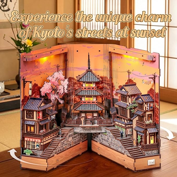 Cutefun Book Nook Kit - DIY Miniature Kyoto House Kit, 3D Wooden Puzzle 400+ Pcs Japanese Bookshelf Decor Bookend with LED, Fold-Out Cherry Blossom Alley Insert for Adults (Twilight Sakura Path)