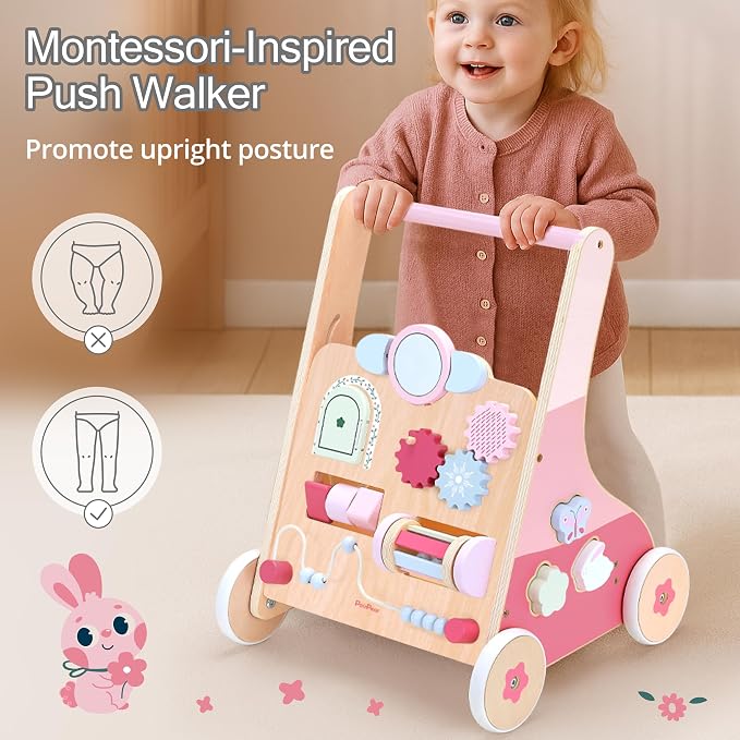PairPear Wooden Baby Walker, Baby Push Walker Toys Activity Center | Wild - Base Montessori Walker Toys Gift for Girls Boys 1 Year Old Leaning to Walk
