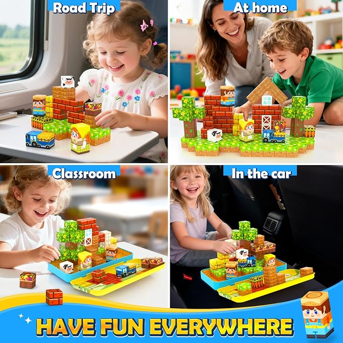 Soyee Magnetic Blocks Travel Toddler Toys Magnet Building Tiles Construction Cubes STEM Sensory Learning Farm Toys with Box Christmas Birthday Gifts for Kids Ages 3 4 5 6 7 8 Year Old Boys Girls