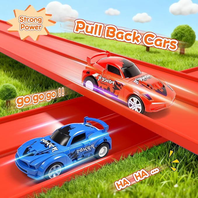KETIEE Flex Tracks 16 Ft for Kids, Flexible Race Car Ramp Track with 2 Small Racecars and 4 Suction Cups Compatible with Diecast 1/64th Cars,Rolls Up Portable Racetrack for Ages 3 & Up