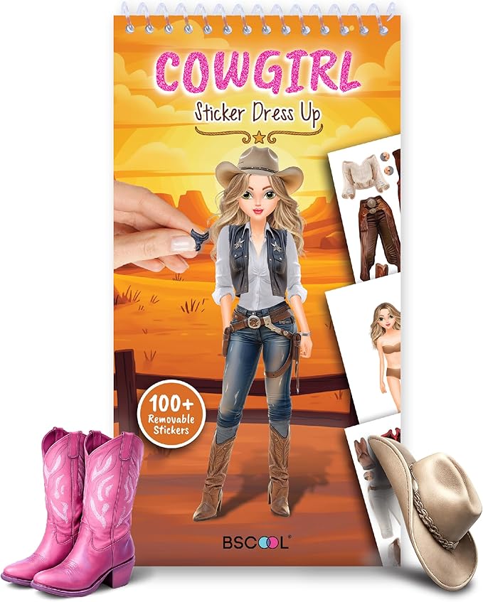 BSCOOL Sticker Dress up Cowgirl - Sticker Activity Book for Kids. Learn Girls Fashion Design with Stickers and Guides for Kids 5 and up. Little Designer Creativity Book