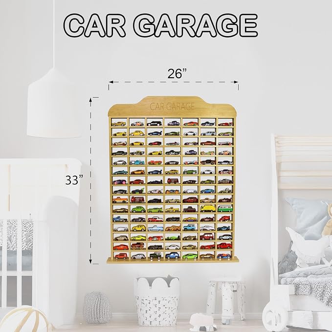 Car Garage Toy Shelf Display - Wall Mount for 1/64 Diecast Toy Cars - Wooden Wheels Shelf - Gift for Collectibles - Wall-Mounted Toy Car Storage Cabinet (105 Cars)