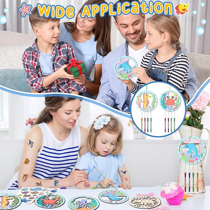 12Pack Wind Chime Kit for Kids Make Your Own Ocean Animals Wind Chime DIY Coloring Wood Crafts Summer Wooden Arts and Crafts Under Sea Ornaments for Boys Girls School Activities Party Decoration