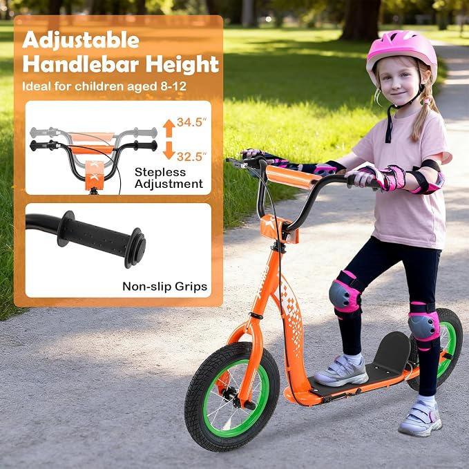 GYMAX Scooter, Kick Scooter for Adults, Teens, Kids with Adjustable Handlebar, 12” Inflatable Wheels, Front Caliper Brake & Non-Slip Deck, Heavy Duty Off-Road Scooter