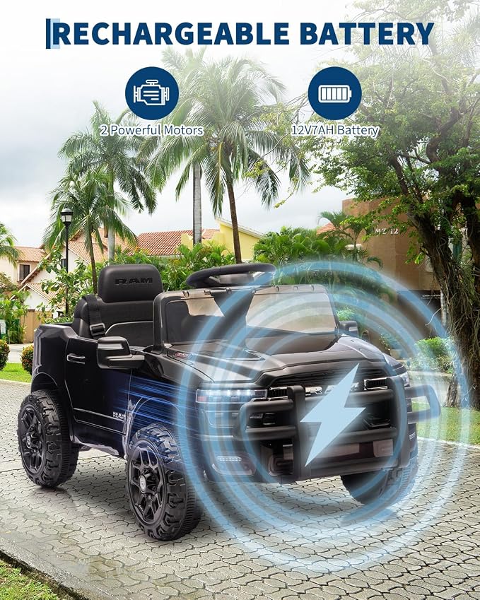 Garvee Kids Ride On Cars, Licensed RAM 12V Electric Ride On Truck Car w/Remote Control, Electric Pickup Car for Toddlers, Spring Suspension, LED Lights, Music, Ride On Toys for Boys Girls