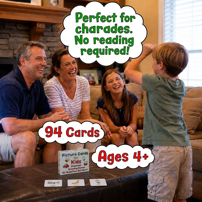 Picture Cards for Kids Ages 4+ – 94 Travel-Size Picture Cards for Charades, 20 Questions, Drawing Games, Storytelling & Guessing Games - Travel Games for Kids Ages 4-8
