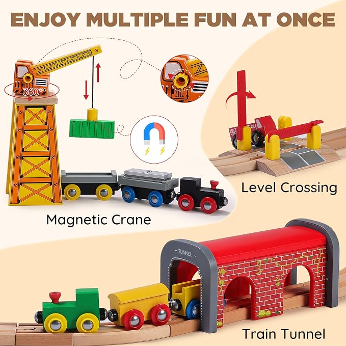 SainSmart Jr. 114PCS Wooden Train Set with Storage Box, Wood Train Track Set Compatible with Major Brands, Expandable Train Toys for 3-7 Years Old Girls & Boys, Great Birthday
