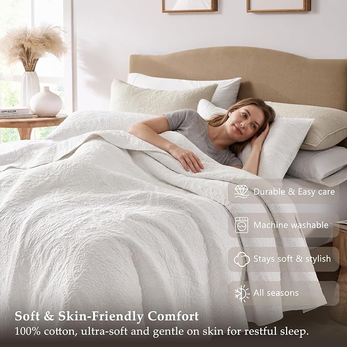 palassio White Paisley 100% Cotton Quilt King Size Bedding Sets with 2 Pillow Shams, Boho Floral Lightweight Farmhouse Country Vintage Soft Bedspread Shabby Chic Coverlet for All Season, 3 Pieces