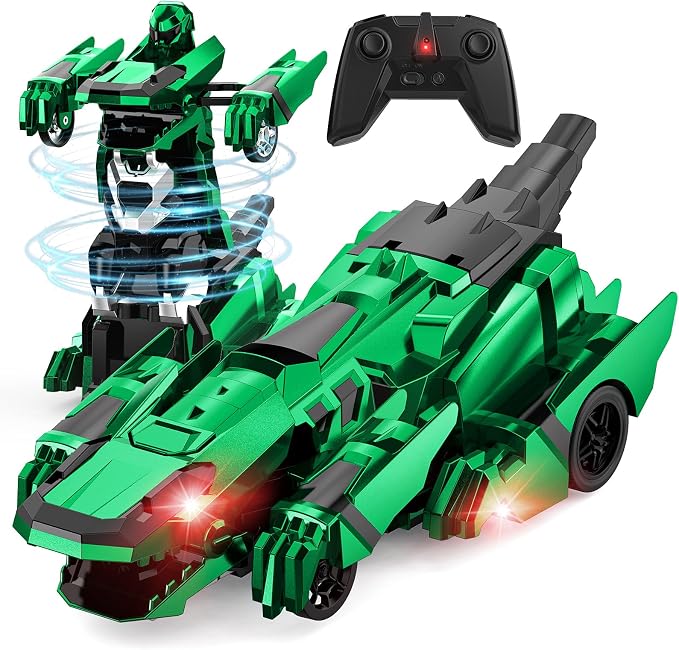 Kroyedfuw Dinosaur Transform Rc Cars, 2.4Ghz Remote Control Car Transforming Robot with Flashing Light, 360° Rotation One Button Deformation Car Toy Gifts for Boys Age 4-7 8-12