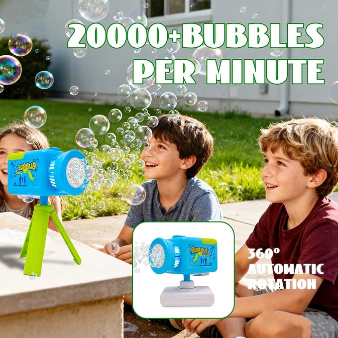 Camera Bubble Machine,Large Capacity Automatic 360° Rotation Kids Bubble Blower with Music&Lights, Rechargeable Portable Kids Bubble Toys for Indoor,Outdoor,Birthday,Patry & Wedding (Blue)
