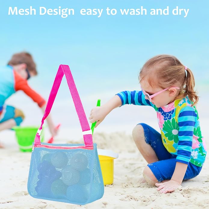 UTTPLL Colorful Mesh Beach Bag Adjustable Kids Quick Dry Net Tote for Seashell Collecting Sand Toy Swimming Accessories
