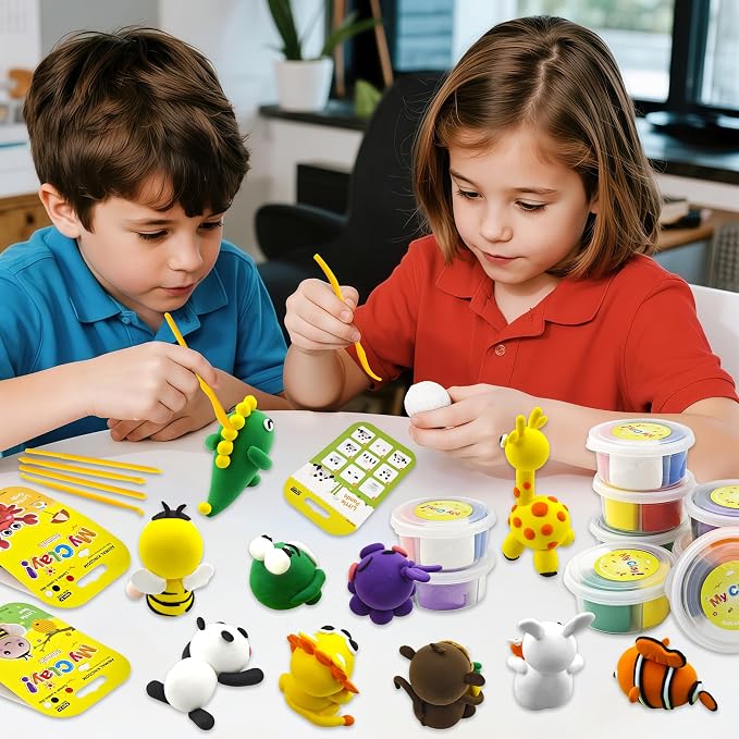 Air Dry Clay for Kids – 12 Animal Modeling Clay Craft Kit with Sculpting Tools and Step-by-Step Tutorials, Non-Toxic Modeling Clay for Ages 6-12, Art Activity Set for Boys Girls