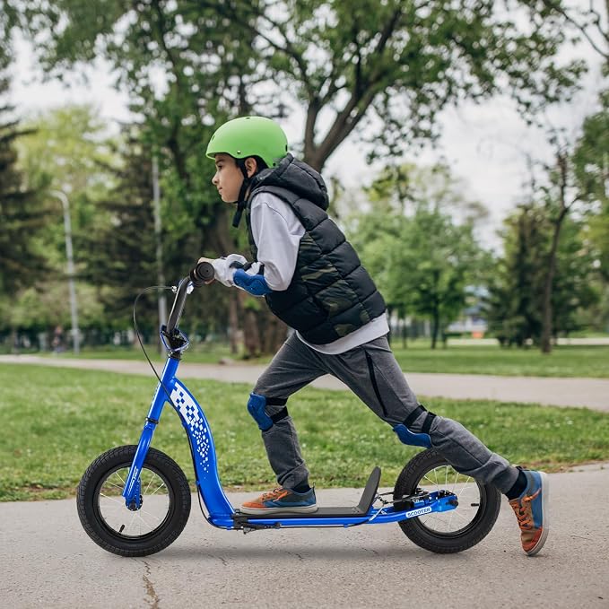 GYMAX Scooter, Kick Scooter for Adults, Teens, Kids with Adjustable Handlebar, 12” Inflatable Wheels, Front Caliper Brake & Non-Slip Deck, Heavy Duty Off-Road Scooter