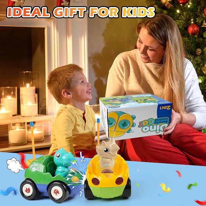 2-Pack Remote Control Dinosaur Toy Car for Kids - Birthday Gifts for Boys Toddlers Ages 18+ Months, 2 3 4 5 Year Old, Dino RC Vehicle with Lights and Music
