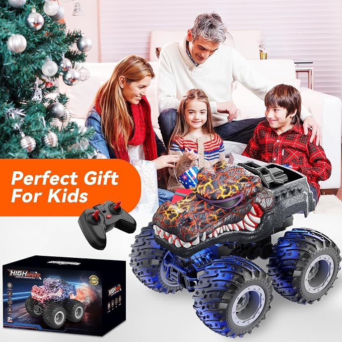 AUUGUU Remote Control Car, 2.4GHz Monster Trucks Toys with Light Spray, Birthday Gift for Kids 3 4 5 6 7 8, All Terrain RC Cars, Toddler Toys for Boys Girls 3+ Year Old (Crocodile)