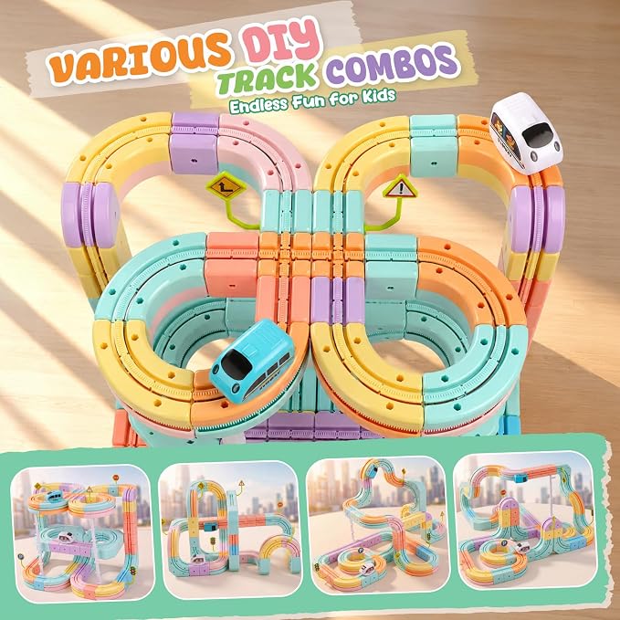 Hot Bee Electric Train Set for Kids, Gravity-Defying 3D Train Track Set with 134PCS Flexible Snap-On Tracks, USB Rechargeable Motorized Car, STEM Building Toy Birthday Gifts for Boys Girls 3 4 5 6 7 8