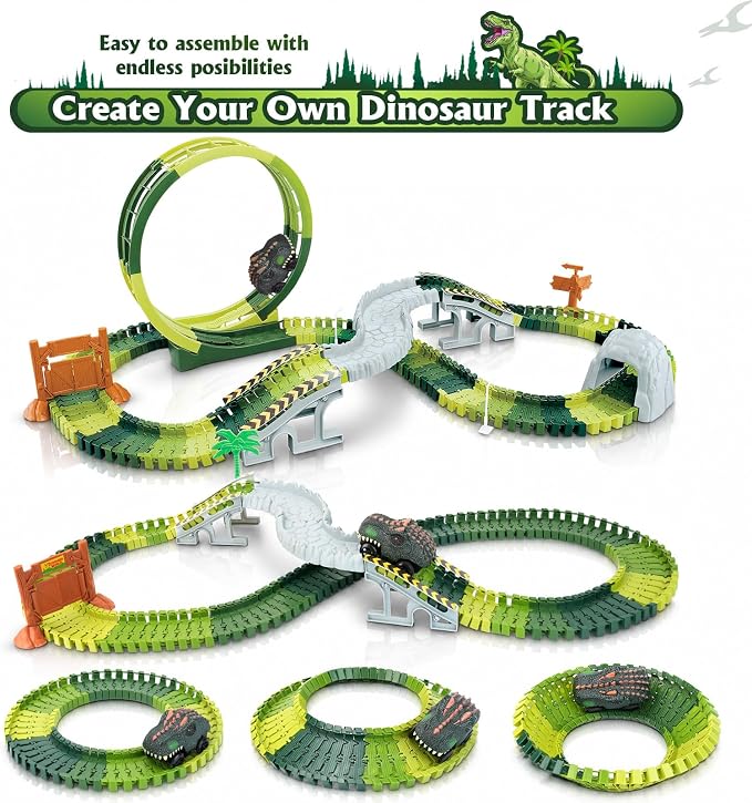 173 PCS Dinosaur Race Tracks for Kids Toys, Glow in The Dark Magic Toy Set with 360° Loop Ramp, 1 Dinosaur Car Track, 2 Realistic Dinosaurs, Flexible DIY Track Set, Gift for Boys Girls Age 3-9