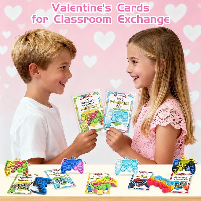 NEUBSAW 24 Packs Valentine's Day Cards with Pop Games Keychains Toy for Classroom Exchange, Valentine's Gifts Party Favors for Boys Girls School, Valentine's Prizes for School