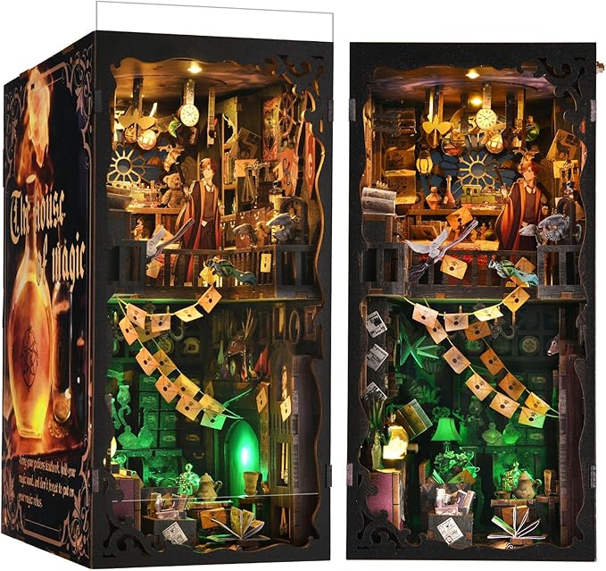Book Nook Kit for Adults and Teens DIY 3D Wooden Puzzle Bookends, Miniature Dollhouse Kit Bookshelf Decoration, Magic Alley Model with LED Lights,The House of Magic