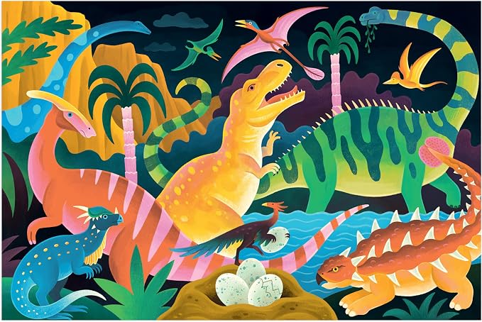 Mudpuppy Dinosaur Park – 100 Piece Glow in The Dark Jigsaw Puzzle with a Prehistoric Scene of Dinosaurs and Hidden Fossil Details in the Dark