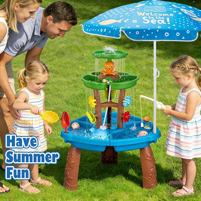 Water Table for Toddlers with Water Pump and Fishing Game Set 3-Tier Kids Sand Water Table with Umbrella Sensory Outdoor Toys for Kids Ages 4-8 Outside Toys Backyard for Kids Toddlers Age 3-10