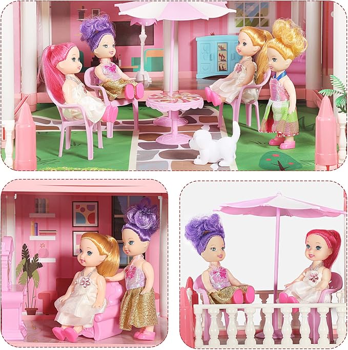 Doll House Set for Girls, Princess House Toys with 4 Dolls Furniture and 4-Story 11 Rooms,Pretend Play DIY with Light Strip for Kids, Building Dolls Playset Toys Kit Gift for Ages 3 4 5 6+