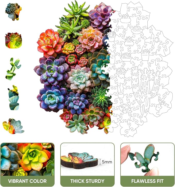 Mys Aurora Succulent Wooden Puzzles for Adults, 200 Piece Unique Shaped Wood Jigsaw Puzzles for Adults and Kids, Fun Challenging Puzzles Family Game Gift, Medium 11.2'' x 11'