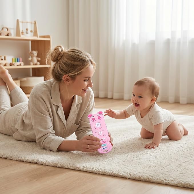 SOLIFEGOBLE Pig-Shaped Remote Teether for Babies 3-18M, Silicone TV Remote Teething Toy, BPA-Free Soft Chew Toy, Teething Relief for Infants Boys Girls (Pink)