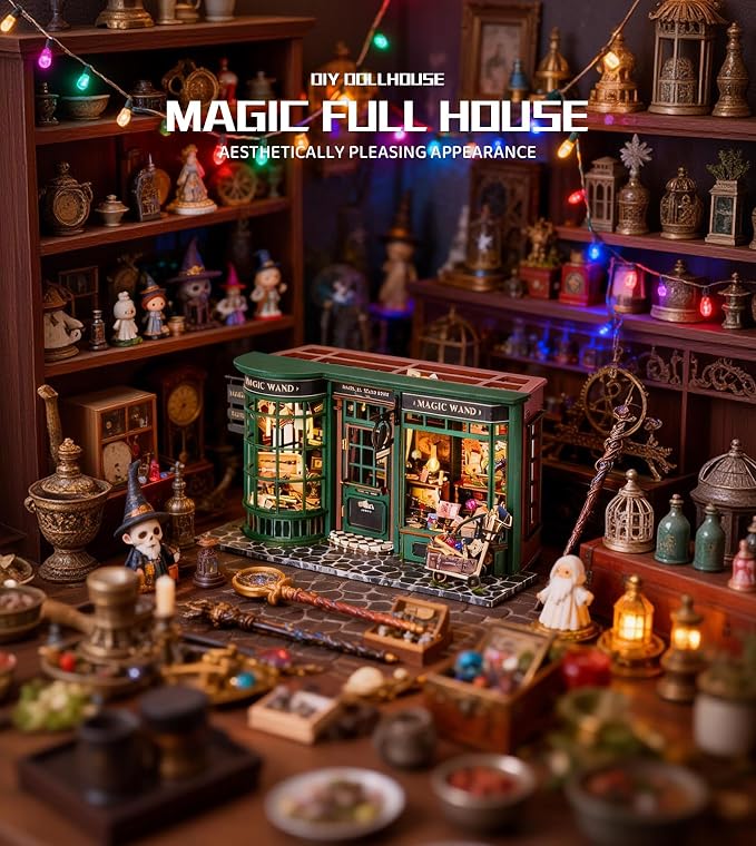 Roroom DIY Miniature House Kit, Magic Full House Book Nook Kit with LED Light, 3D Wooden Puzzle Miniature Dollhouse Kit for Bookshelf Decor-Creative Gift for Family and Friends