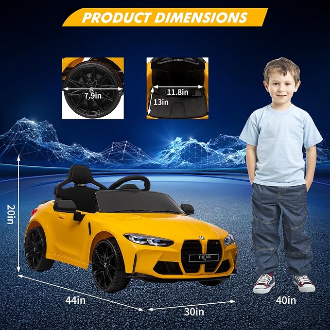 12V Ride On Car for Kids，Licensed BMW M4 Battery Powered Vehicle Car for Boys and Girls, with Remote Control,3 Speed,Led Light (Yellow)