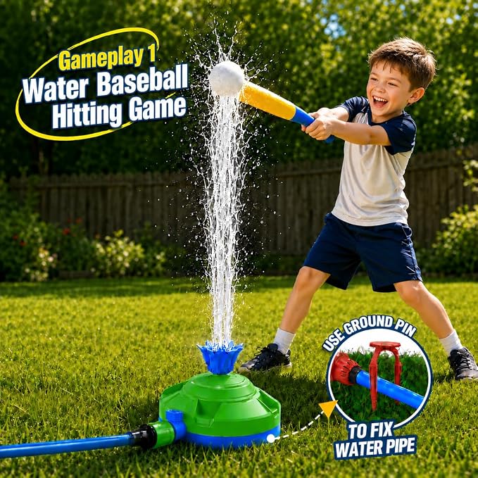 4-in-1 Water Sprinkler Toy for Kids,Backyard Outdoor Water Toys with Water-Spraying Rocket, Baseball Game, Rocket Launcher, Spinning Spray,Summer Yard Water Toys for Boys Girls Ages 4-12