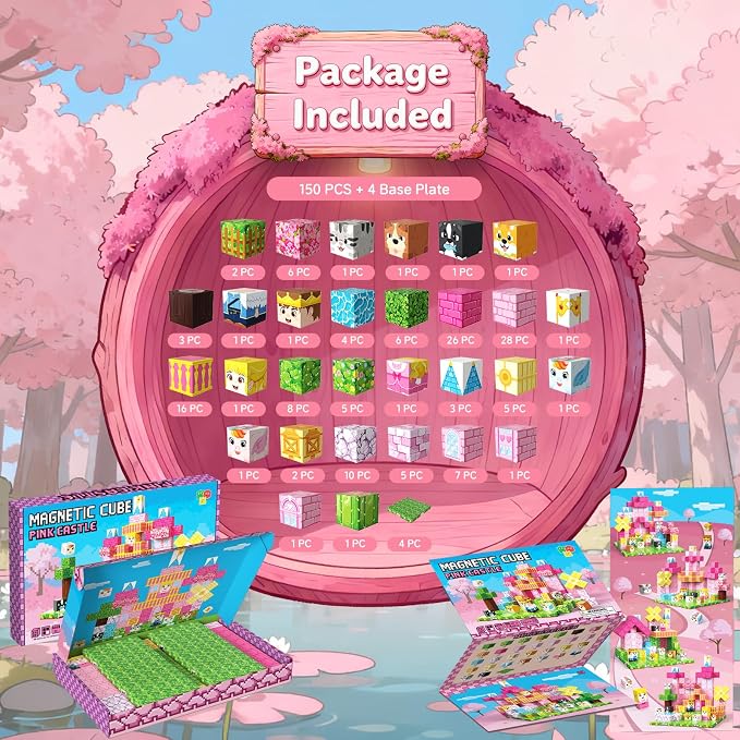 150 PCS Magnetic Blocks, Magnetic Building Blocks Cubes, Princess Magnet Toys for Kids Ages 3+, Magnet Blocks with 4 Bottom Plate for Girls, STEM Toys & Ideal Christmas Birthday Gift
