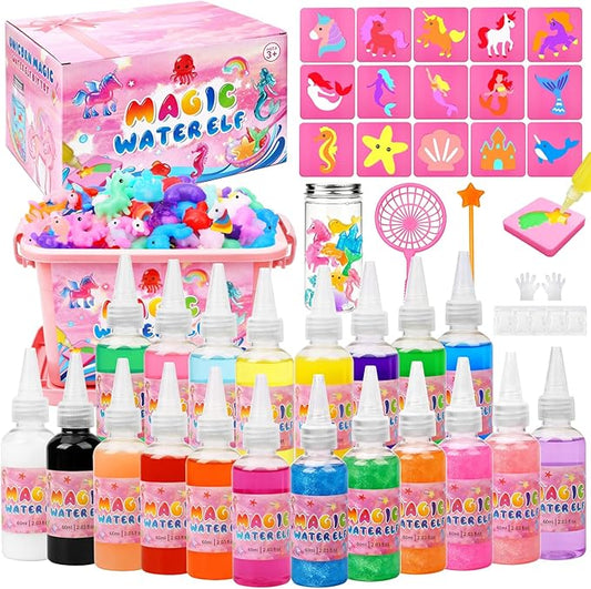 RYNZELA Magic Water Elf Toy Kit – Unicorn & Mermaid Aqua Gel Water Pets for Girls Ages 4–8, 20 Gels & 16 Molds – Easy to Color Gift with Magical Themes for Your Creative Little Princess