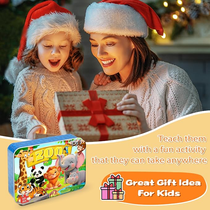 LELEMON Puzzles for Kids Ages 4-6,Zoo 60 Piece Puzzles for Kids Ages 6-8 in a Metal Box,Children Jigsaw Puzzles Kids Puzzles,Educational Learning Puzzle Toys for Girls and Boys