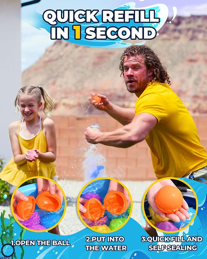 Reusable Water Balloons 16PCS - Quick Fill Water Balls Toys For Toddler Age 4-8 - Refillable Magnetic Self-Sealing Water balloons For Summer Party Pool Outdoor Beach Toys
