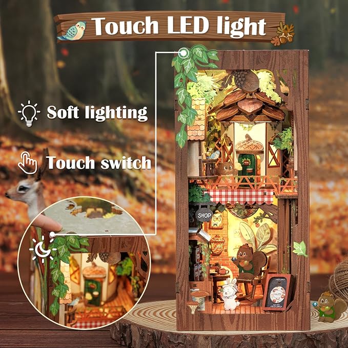 Cutefun Book Nook Kit, DIY Miniature Booknook Kit for Adults, 3D Wooden Puzzle Bookend Bookshelf Decor with LED Light & Dust Cover Creative Crafts Gifts for Book Lovers (Squirrel Collector)